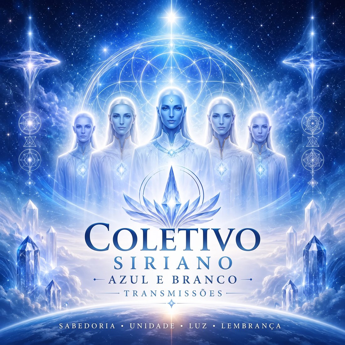 Arte do Coletivo Siriano Azul e Branco: cinco presenças de luz, cristais e geometria sagrada
